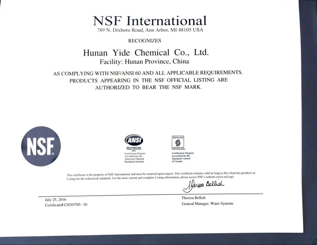 Water Treatment Chemical Sulfato Ferrico Yide Brand Manufacturer with NSF Certification for Fishing Industry